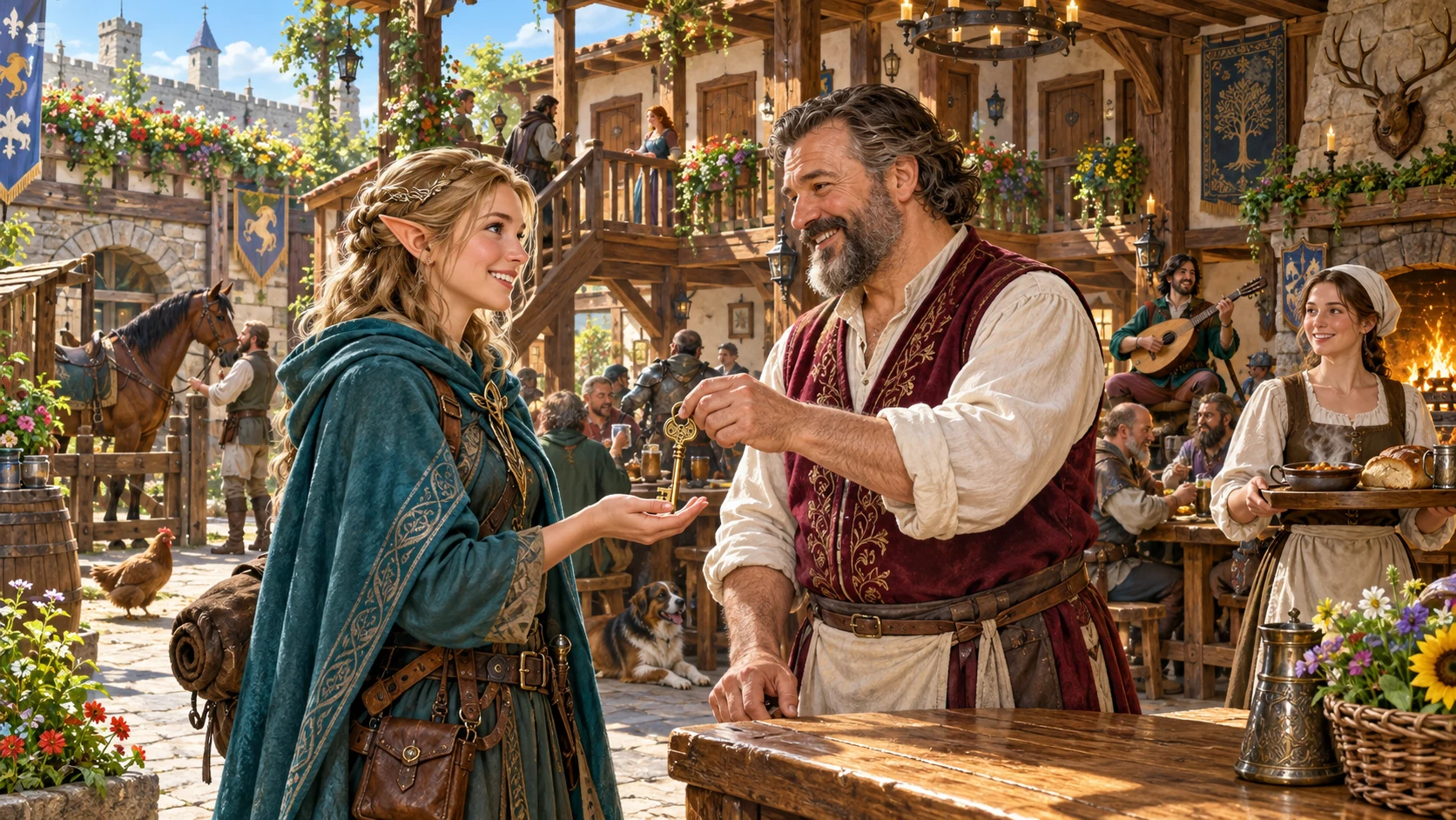 Fantasy illustration of a welcoming inn host handing a key to a traveller amid guests, meals and music