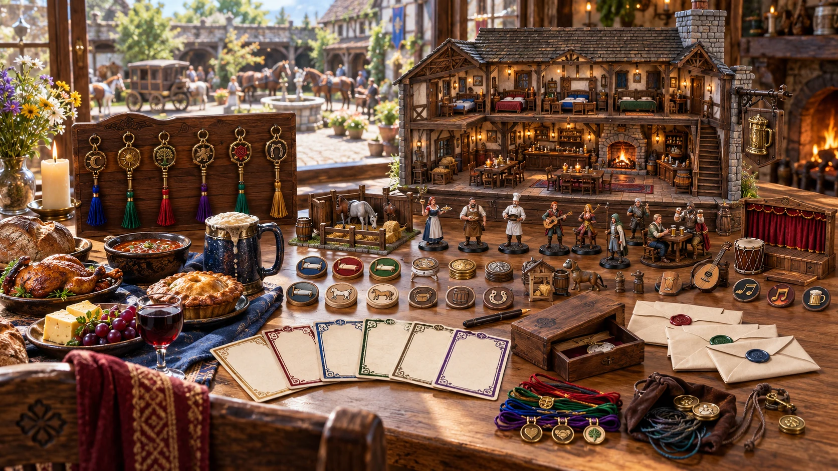 Fantasy illustration of a model inn with room keys, meals, staff figures, entertainment tokens and sealed messages