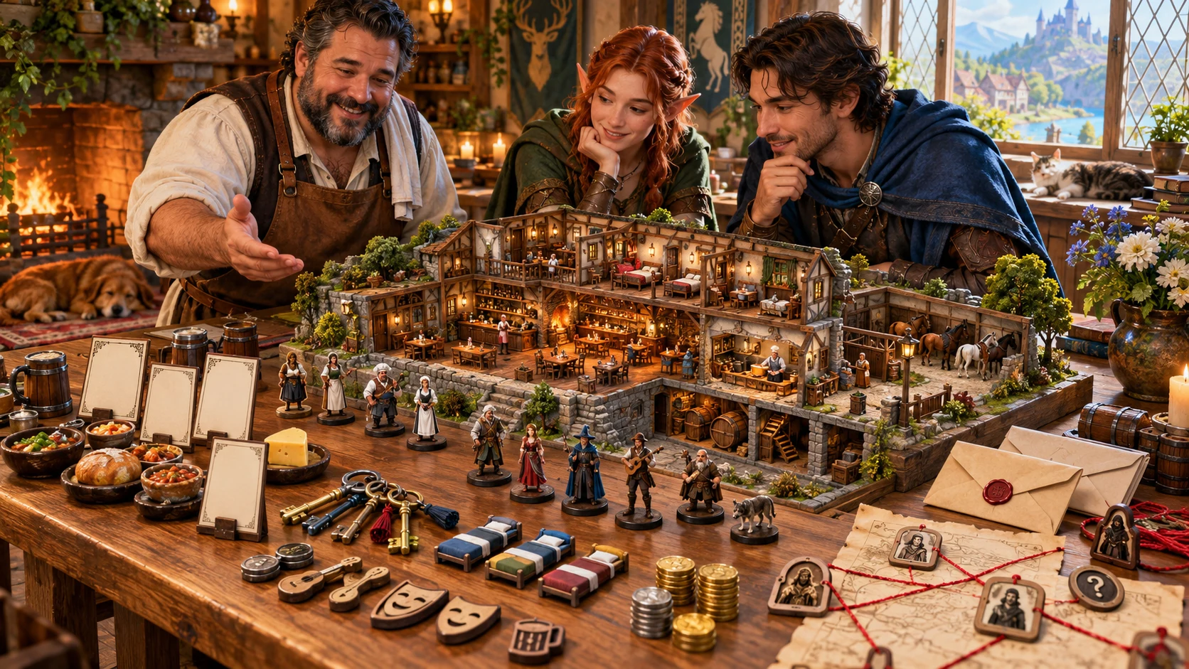 Fantasy illustration of a host and adventurers considering a model inn, staff figures, room tokens and menu cards